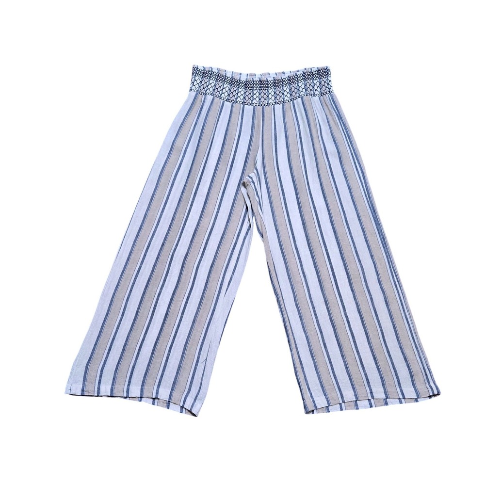Indigo Rein Linen Blend Striped Wide Leg Smocked Waist Pants Large
